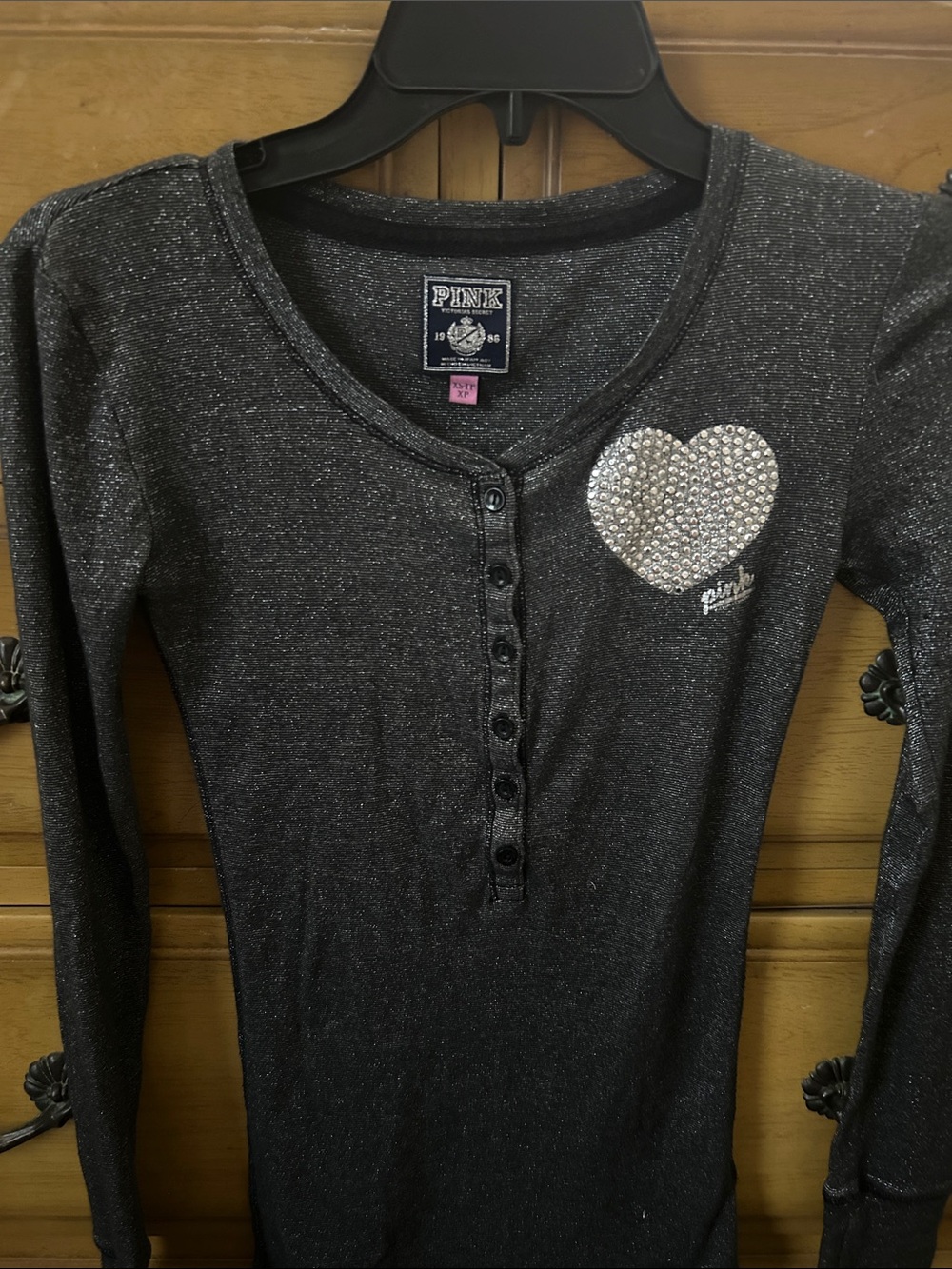 Y2K-PINK Victoria's Secret Girls' Charcoal Sparkle Henley with Rhinestone Heart